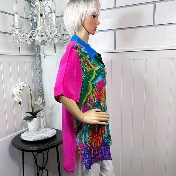 RARE Vintage Tropical Silk Shirt w/ Colorful Parrot & Sequins Rare Diana Gilman - Picture 5 of 9